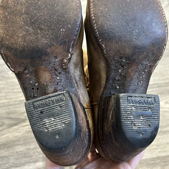 Vintage Dan Post Size 6 C Cowboy Knee Boots Made in Spain Tan Braided 4115 - Picture 6 of 16